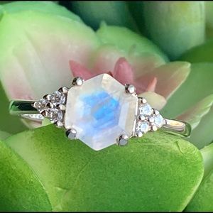 Hexagon Rainbow Moonstone Engagement Ring Rose Gold or Silver Size 5 6 7 8 9